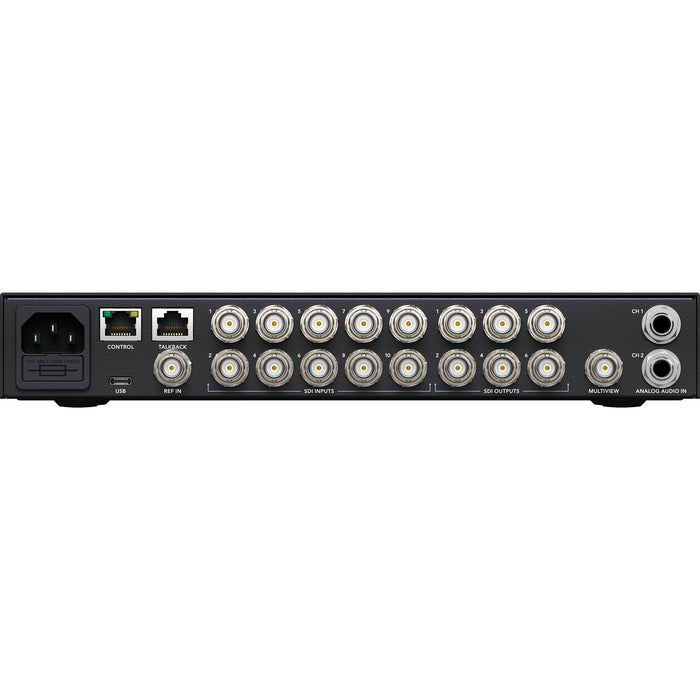 The Blackmagic Design ATEM 1 M/E Advanced Panel is a professional hardware control panel designed for seamless integration with ATEM switchers. It features a single M/E row with 10 input buttons, an LCD information display surrounded by soft-touch menu buttons and rotary encoders, and a professional joystick for DVE control. The panel connects via Ethernet, providing hands-on tactile control essential for broadcast studios. Its compact size and durable design make it suitable for portable broadcast setups.