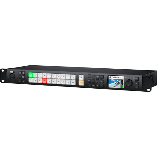 The Blackmagic Design ATEM 2 M/E Advanced Panel is a professional control surface for live production switchers. It offers two Mix/Effect (M/E) rows, each with 20 input buttons, providing direct access to multiple video sources. Each row has its own system control LCD and customizable labels for buttons. High-quality buttons, knobs, fader bars, and a 3-axis joystick enable precise control over transitions, fades, and digital video effects (DVE).