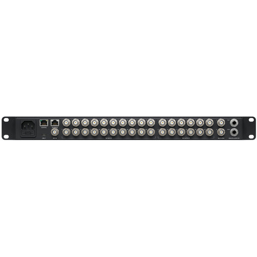 The Blackmagic Design ATEM 2 M/E Advanced Panel is a professional control surface for live production switchers. It offers two Mix/Effect (M/E) rows, each with 20 input buttons, providing direct access to multiple video sources. Each row has its own system control LCD and customizable labels for buttons. High-quality buttons, knobs, fader bars, and a 3-axis joystick enable precise control over transitions, fades, and digital video effects (DVE).
