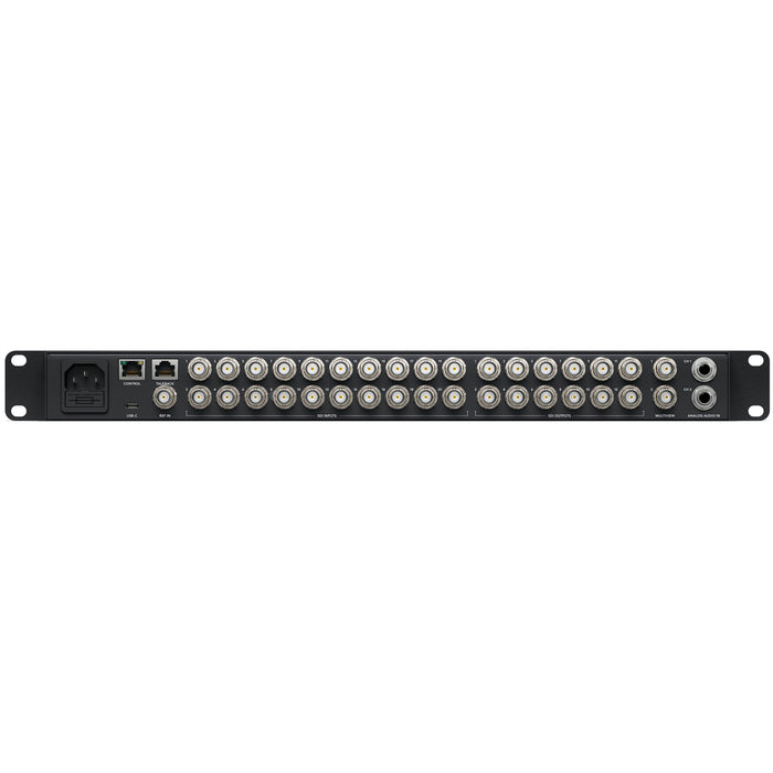 The Blackmagic Design ATEM 2 M/E Advanced Panel is a professional control surface for live production switchers. It offers two Mix/Effect (M/E) rows, each with 20 input buttons, providing direct access to multiple video sources. Each row has its own system control LCD and customizable labels for buttons. High-quality buttons, knobs, fader bars, and a 3-axis joystick enable precise control over transitions, fades, and digital video effects (DVE).