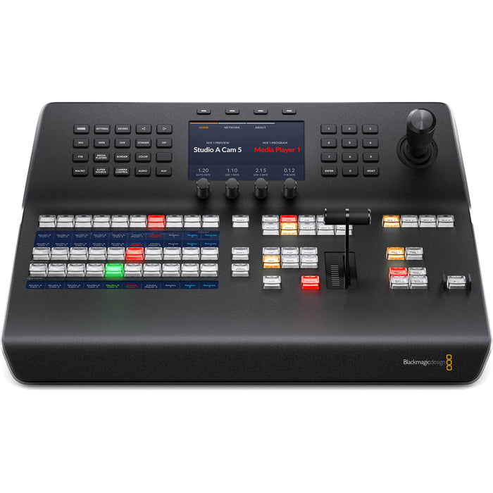 Blackmagic Design Advanced Control Panel (SWPANELADV1ME10) – A professional video production control panel with a variety of tactile buttons and knobs designed for live switching, video editing, and broadcast environments. The panel features a sleek black design with high-quality durable buttons, display screens, and ergonomic controls for efficient video management.