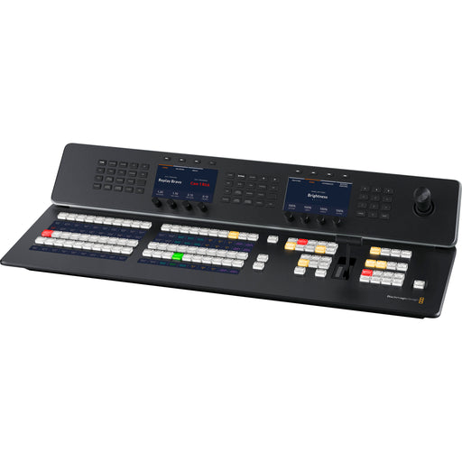 Blackmagic Design ATEM 1 M/E Advanced Panel (SWPANELADV1ME20) is a professional broadcast control panel designed for live production environments. It features a single M/E row with 20 input buttons, customizable LCD labeling for inputs, a 3-axis joystick, and a weighted T-bar fader for transition control. The panel includes dual Ethernet ports, USB-C for firmware updates, and supports both AC and DC power inputs. The compact design allows for easy integration into standard equipment racks.