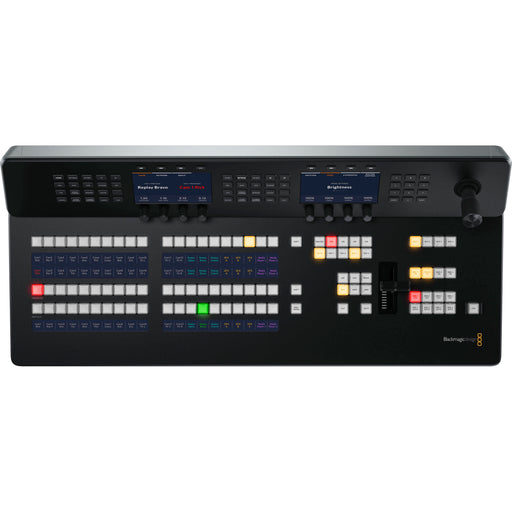 Blackmagic Design ATEM 1 M/E Advanced Panel (SWPANELADV1ME20) is a professional broadcast control panel designed for live production environments. It features a single M/E row with 20 input buttons, customizable LCD labeling for inputs, a 3-axis joystick, and a weighted T-bar fader for transition control. The panel includes dual Ethernet ports, USB-C for firmware updates, and supports both AC and DC power inputs. The compact design allows for easy integration into standard equipment racks.