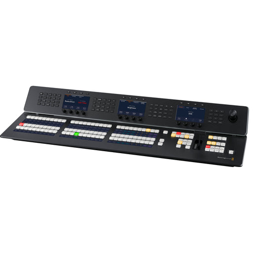 The Blackmagic Design ATEM 1 M/E Advanced Panel 30 (SWPANELADV1ME30) is a professional control panel for live production, featuring 30 programmable input buttons, three color LCD screens, keyer controls, and a 3-axis joystick for DVE. It includes four Ethernet ports with PoE support, dual AC power inputs, and a compact, rack-friendly design.