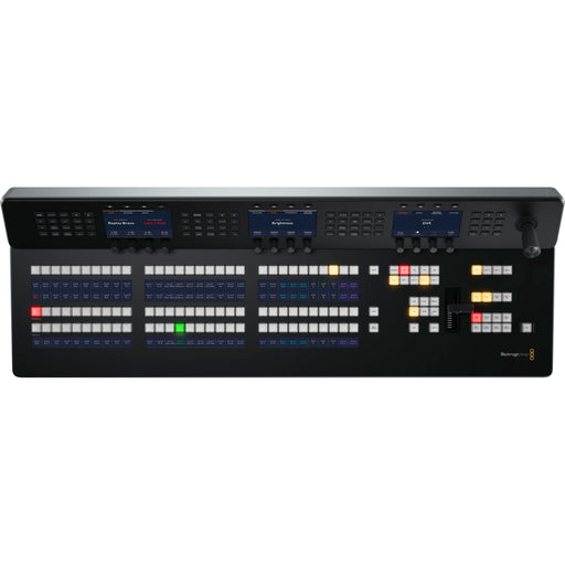 The Blackmagic Design ATEM 1 M/E Advanced Panel 30 (SWPANELADV1ME30) is a professional control panel for live production, featuring 30 programmable input buttons, three color LCD screens, keyer controls, and a 3-axis joystick for DVE. It includes four Ethernet ports with PoE support, dual AC power inputs, and a compact, rack-friendly design.