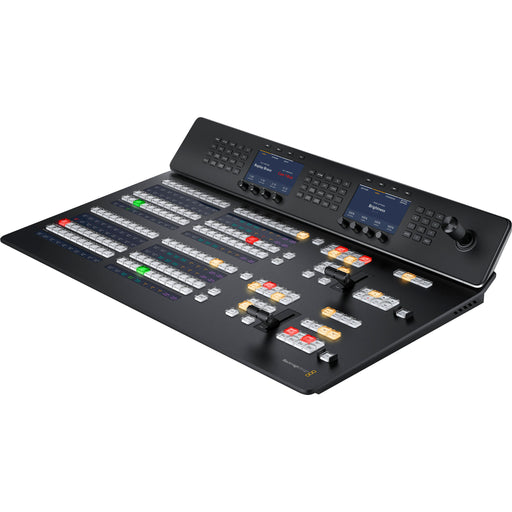 Blackmagic Design ATEM 2 M/E Advanced Panel 20 (SWPANELADV2ME20) is a professional broadcast control panel for live production. It features two M/E rows with 20 programmable input buttons per row, customizable LCD labeling, dedicated keyer controls, a 3-axis joystick for DVE control, and a T-bar fader for transitions. The panel includes multiple Ethernet ports with PoE support, dual power inputs, and a compact, durable design for rack-mounted use.