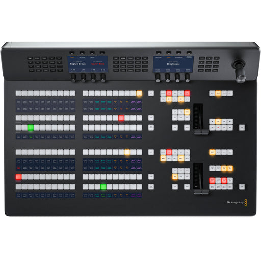 Blackmagic Design ATEM 2 M/E Advanced Panel 20 (SWPANELADV2ME20) is a professional broadcast control panel for live production. It features two M/E rows with 20 programmable input buttons per row, customizable LCD labeling, dedicated keyer controls, a 3-axis joystick for DVE control, and a T-bar fader for transitions. The panel includes multiple Ethernet ports with PoE support, dual power inputs, and a compact, durable design for rack-mounted use.