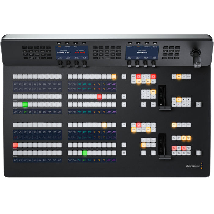 Blackmagic Design ATEM 2 M/E Advanced Panel 20 (SWPANELADV2ME20) is a professional broadcast control panel for live production. It features two M/E rows with 20 programmable input buttons per row, customizable LCD labeling, dedicated keyer controls, a 3-axis joystick for DVE control, and a T-bar fader for transitions. The panel includes multiple Ethernet ports with PoE support, dual power inputs, and a compact, durable design for rack-mounted use.