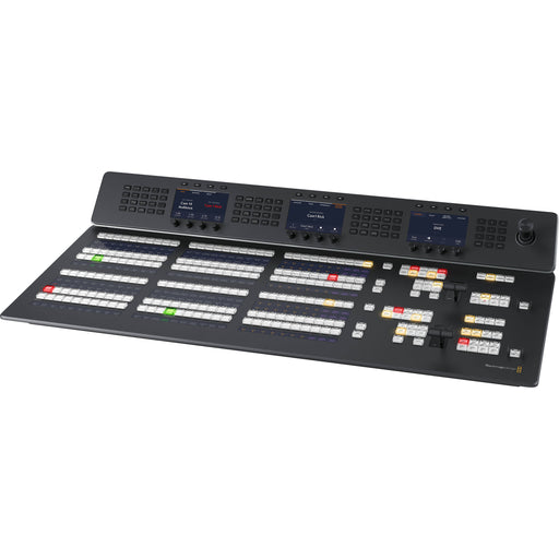 The Blackmagic Design ATEM 2 M/E Advanced Panel 30 (SWPANELADV2ME30) is a broadcast control panel for live production, featuring two M/E rows with 30 programmable buttons, customizable LCD labels, keyer controls, two fader bars, and a 3-axis joystick. It includes multiple Ethernet ports with PoE support and dual power inputs, offering reliable, rack-mounted integration.
