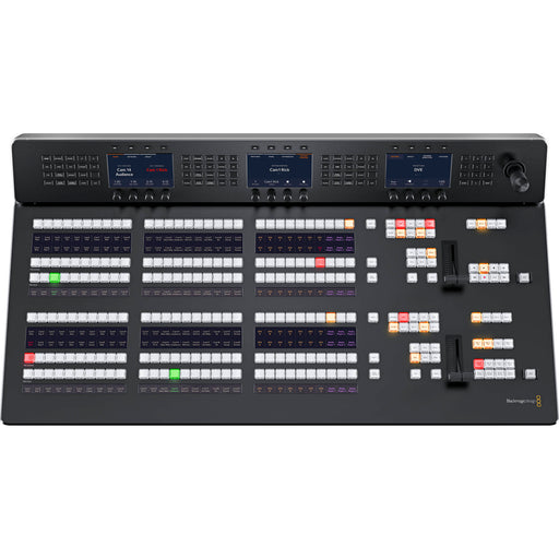 The Blackmagic Design ATEM 2 M/E Advanced Panel 30 (SWPANELADV2ME30) is a broadcast control panel for live production, featuring two M/E rows with 30 programmable buttons, customizable LCD labels, keyer controls, two fader bars, and a 3-axis joystick. It includes multiple Ethernet ports with PoE support and dual power inputs, offering reliable, rack-mounted integration.