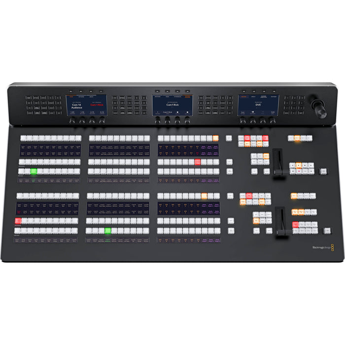 The Blackmagic Design ATEM 2 M/E Advanced Panel 30 (SWPANELADV2ME30) is a broadcast control panel for live production, featuring two M/E rows with 30 programmable buttons, customizable LCD labels, keyer controls, two fader bars, and a 3-axis joystick. It includes multiple Ethernet ports with PoE support and dual power inputs, offering reliable, rack-mounted integration.