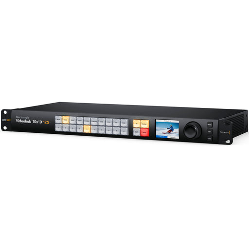 Blackmagic Design Videohub 10x10 12G - 10x12G-SDI inputs and 10x12G-SDI outputs, zero-latency routing, SDI re-clocking, Ethernet control, and software support for HD and Ultra HD formats.
