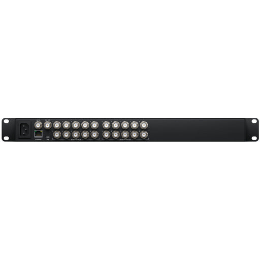 Blackmagic Design Videohub 10x10 12G - 10x12G-SDI inputs and 10x12G-SDI outputs, zero-latency routing, SDI re-clocking, Ethernet control, and software support for HD and Ultra HD formats.