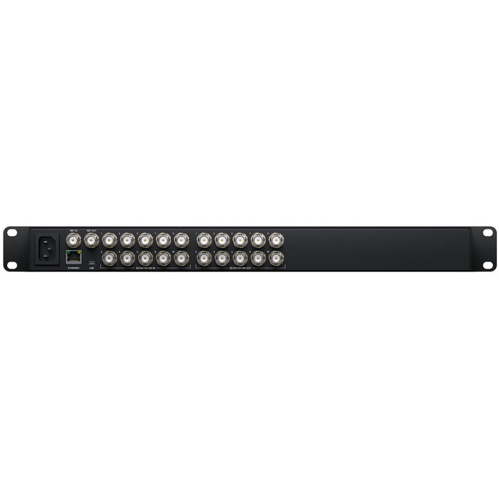Blackmagic Design Videohub 10x10 12G - 10x12G-SDI inputs and 10x12G-SDI outputs, zero-latency routing, SDI re-clocking, Ethernet control, and software support for HD and Ultra HD formats.