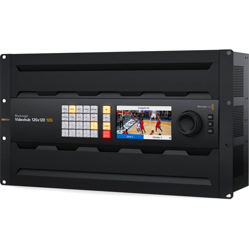 Blackmagic Design Videohub 120x120 12G - 120x12G-SDI inputs and 120x12G-SDI outputs, zero-latency routing, SDI re-clocking, Ethernet control, redundant power, and software support.