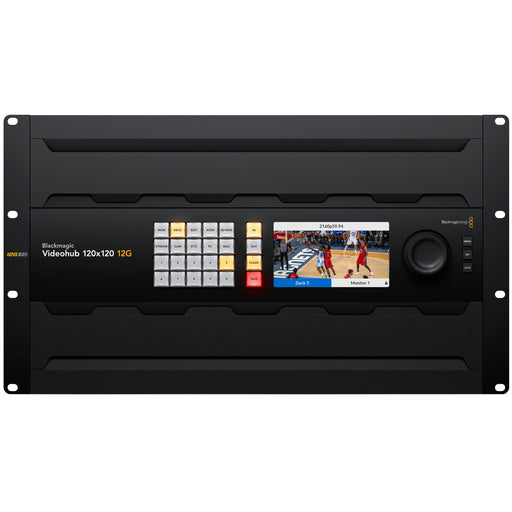 Blackmagic Design Videohub 120x120 12G - 120x12G-SDI inputs and 120x12G-SDI outputs, zero-latency routing, SDI re-clocking, Ethernet control, redundant power, and software support.