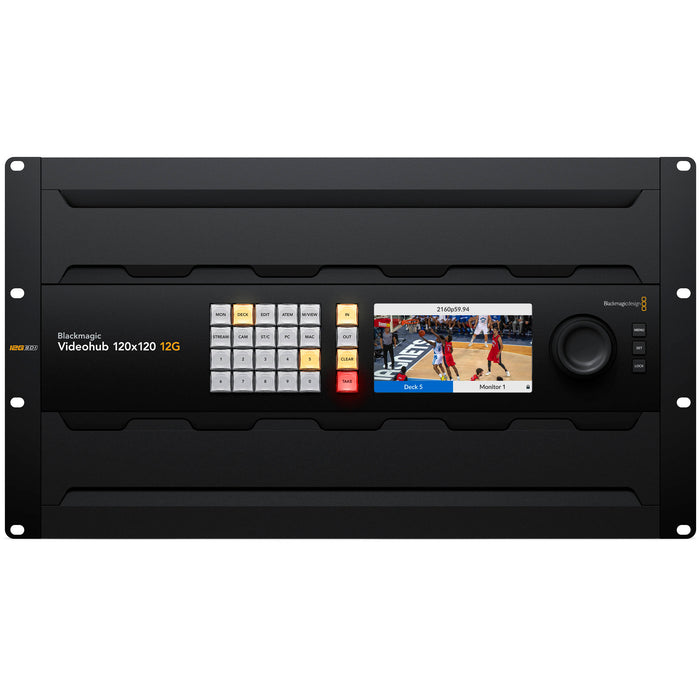 Blackmagic Design Videohub 120x120 12G - 120x12G-SDI inputs and 120x12G-SDI outputs, zero-latency routing, SDI re-clocking, Ethernet control, redundant power, and software support.