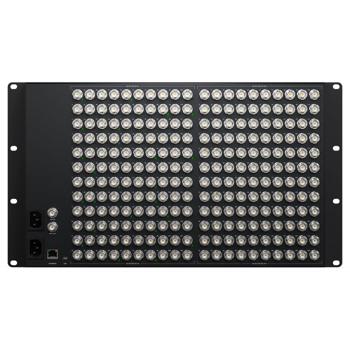 Blackmagic Design Videohub 120x120 12G - 120x12G-SDI inputs and 120x12G-SDI outputs, zero-latency routing, SDI re-clocking, Ethernet control, redundant power, and software support.