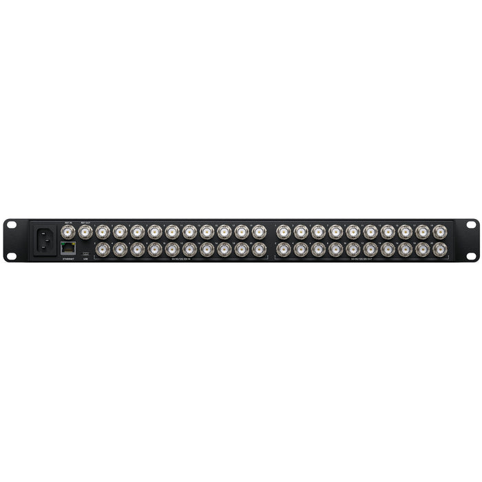 Blackmagic Design Videohub 20x20 12G - 20x12G-SDI inputs and 20x12G-SDI outputs, zero-latency routing, SDI re-clocking, Ethernet control, and software support for HD/Ultra HD.