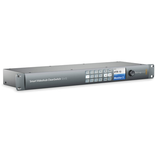 Blackmagic Design Smart Videohub CleanSwitch 12x12 6G-SDI - 12x6G-SDI inputs and outputs, auto format switching, SDI re-clocking, Ethernet control, and 1RU design.