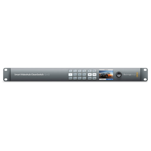 Blackmagic Design Smart Videohub CleanSwitch 12x12 6G-SDI - 12x6G-SDI inputs and outputs, auto format switching, SDI re-clocking, Ethernet control, and 1RU design.