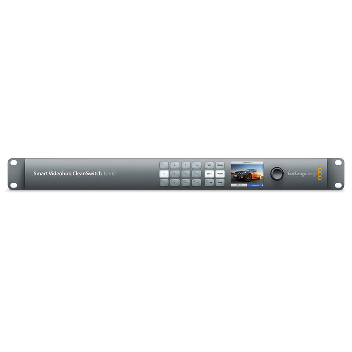 Blackmagic Design Smart Videohub CleanSwitch 12x12 6G-SDI - 12x6G-SDI inputs and outputs, auto format switching, SDI re-clocking, Ethernet control, and 1RU design.