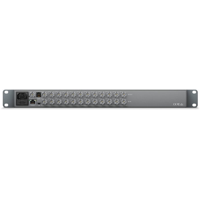 Blackmagic Design Smart Videohub CleanSwitch 12x12 6G-SDI - 12x6G-SDI inputs and outputs, auto format switching, SDI re-clocking, Ethernet control, and 1RU design.