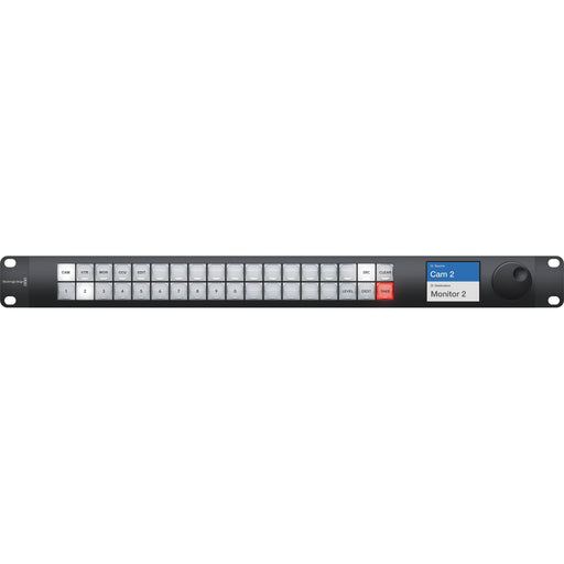 Blackmagic Design Videohub Master Control Pro - 21 programmable buttons with a spin knob, LCD information screen, Ethernet and USB Type-C connectivity, Power over Ethernet (PoE), and 1 RU rackmount design for managing Videohub routers in broadcast environments.