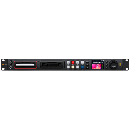 Blackmagic HyperDeck Studio 4K Pro with 12G-SDI, HDMI I/O, dual SD card slots, USB-C recording, ProRes/DNxHD support, and 1RU design.