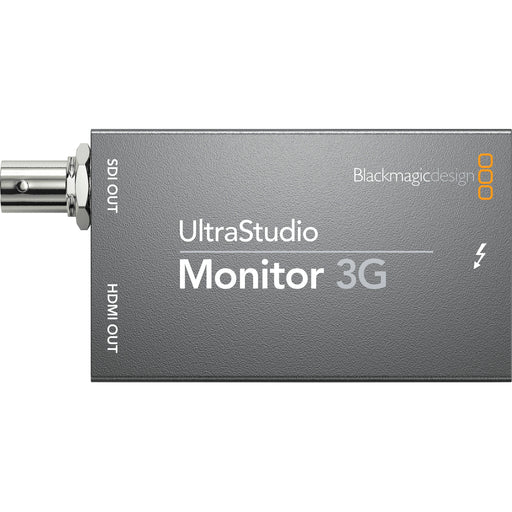 Blackmagic Design UltraStudio Monitor 3G, a compact Thunderbolt 3 playback device featuring 3G-SDI and HDMI outputs, supporting video playback up to 1080p60, ideal for professional broadcast and post-production monitoring workflows.