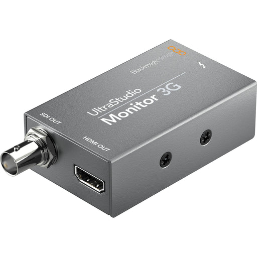 Blackmagic Design UltraStudio Monitor 3G, a compact Thunderbolt 3 playback device featuring 3G-SDI and HDMI outputs, supporting video playback up to 1080p60, ideal for professional broadcast and post-production monitoring workflows.