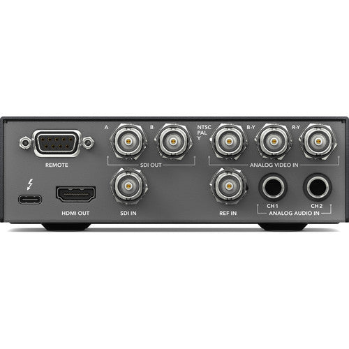 Blackmagic Design UltraStudio HD Mini, a compact Thunderbolt 3 capture and playback device with 3G-SDI, HDMI, and analog video/audio connectivity, supporting SD, HD, and 1080p60 video workflows for professional post-production and broadcast applications.