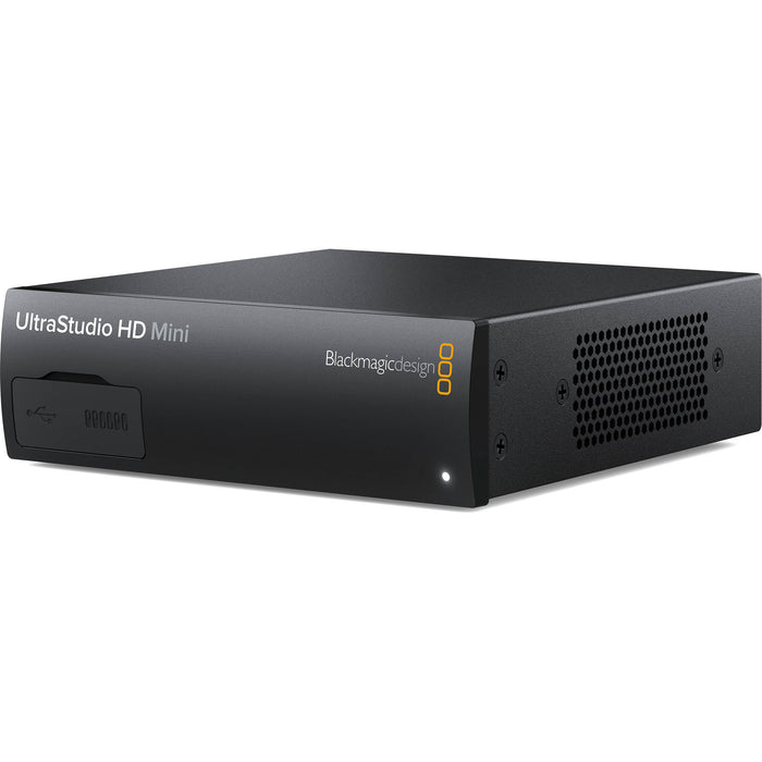 Blackmagic Design UltraStudio HD Mini, a compact Thunderbolt 3 capture and playback device with 3G-SDI, HDMI, and analog video/audio connectivity, supporting SD, HD, and 1080p60 video workflows for professional post-production and broadcast applications.