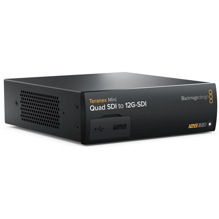 The Blackmagic Design Teranex Mini Quad SDI to 12G-SDI Converter is a compact, rectangular device with a matte black finish. The front panel features a USB port and ventilation grilles, while the rear panel includes four 12G-SDI inputs, a single 12G-SDI output, an Ethernet port, and a standard IEC power input. This design facilitates the conversion of Quad-Link SDI sources to a single 12G-SDI output, streamlining connectivity in professional broadcast and post-production environments.
