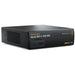 The Blackmagic Design Teranex Mini Quad SDI to 12G-SDI Converter is a compact, rectangular device with a matte black finish. The front panel features a USB port and ventilation grilles, while the rear panel includes four 12G-SDI inputs, a single 12G-SDI output, an Ethernet port, and a standard IEC power input. This design facilitates the conversion of Quad-Link SDI sources to a single 12G-SDI output, streamlining connectivity in professional broadcast and post-production environments.