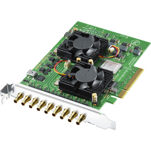 Blackmagic Design DeckLink Quad 2 capture and playback card with 8 independent 3G-SDI channels, shown in a compact PCIe card format, featuring multiple bidirectional SDI connectors and ideal for professional video production workflows