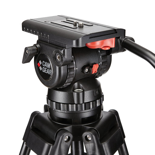 Camgear V15P AL GS Camera Tripod System featuring a V15P Fluid Head, two-stage aluminum tripod, pan bar, ground spreader, and padded carrying bag for professional video production.
