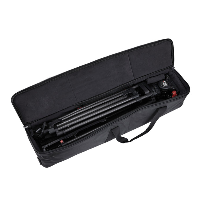 Camgear V15P AL GS Camera Tripod System featuring a V15P Fluid Head, two-stage aluminum tripod, pan bar, ground spreader, and padded carrying bag for professional video production.