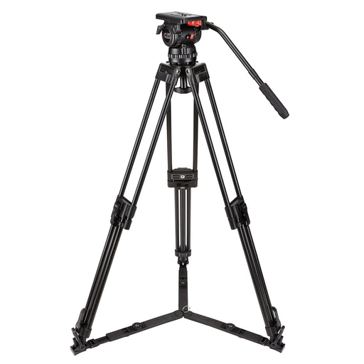 Camgear V15P AL GS Camera Tripod System featuring a V15P Fluid Head, two-stage aluminum tripod, pan bar, ground spreader, and padded carrying bag for professional video production.