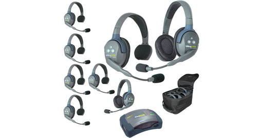 Eartec HUB862 wireless intercom system with 6 single-ear and 2 dual-ear headsets, compact HUB base, charger, and carry case.