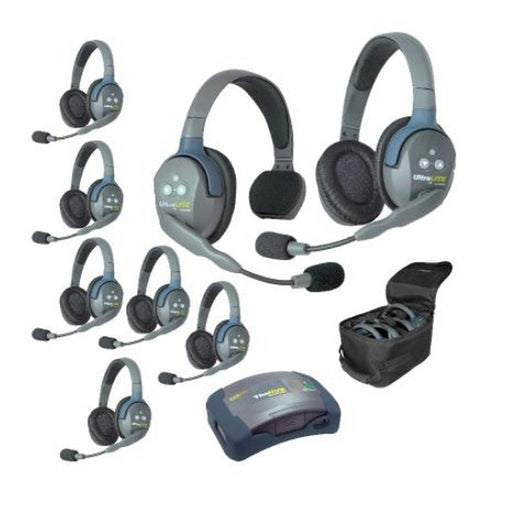 Eartec HUB817 wireless intercom system with 1 single-ear and 7 dual-ear headsets, compact HUB base, multi-port charger, and carry case.