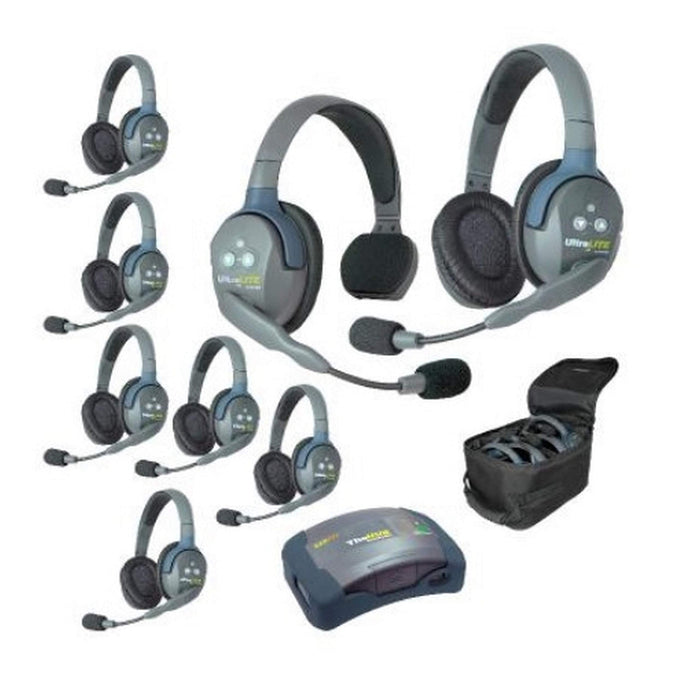 Eartec HUB817 wireless intercom system with 1 single-ear and 7 dual-ear headsets, compact HUB base, multi-port charger, and carry case.