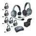 Eartec HUB817 wireless intercom system with 1 single-ear and 7 dual-ear headsets, compact HUB base, multi-port charger, and carry case.