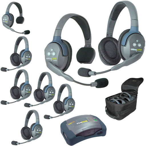 Eartec HUB826 wireless intercom system with 2 single-ear and 6 dual-ear headsets, compact HUB base, multi-port charger, and carry case.