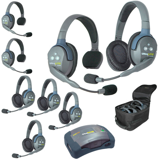 Eartec HUB835 wireless intercom system with 3 single-ear and 5 dual-ear headsets, compact HUB base, multi-port charger, and carry case.