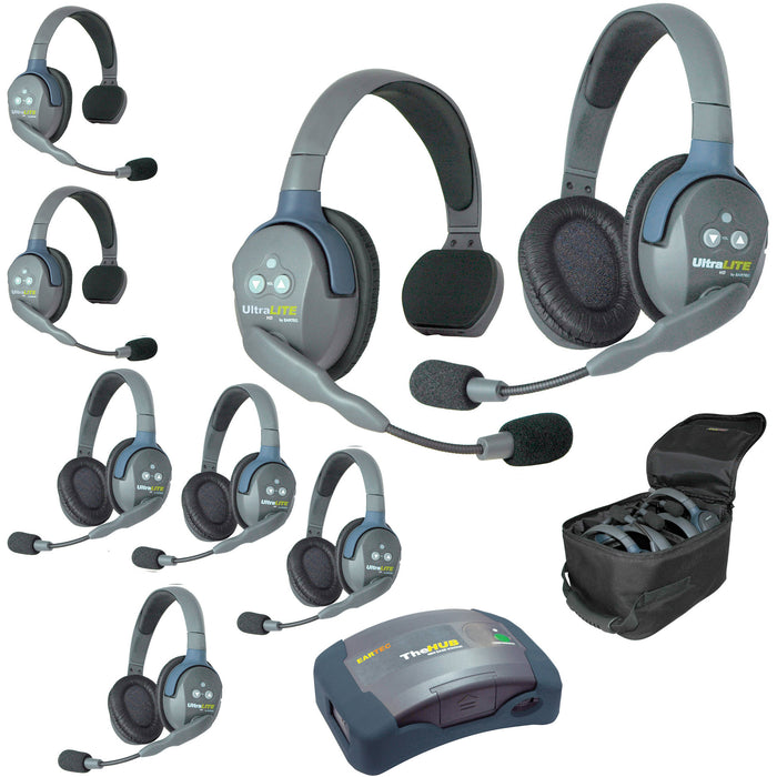Eartec HUB835 wireless intercom system with 3 single-ear and 5 dual-ear headsets, compact HUB base, multi-port charger, and carry case.