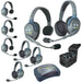 Eartec HUB844 wireless intercom system with 4 single-ear and 4 dual-ear headsets, compact HUB base, multi-port charger, and carry case.