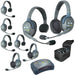 Eartec HUB853 wireless intercom system with 5 single-ear and 3 dual-ear headsets, compact HUB base, multi-port charger, and carry case.