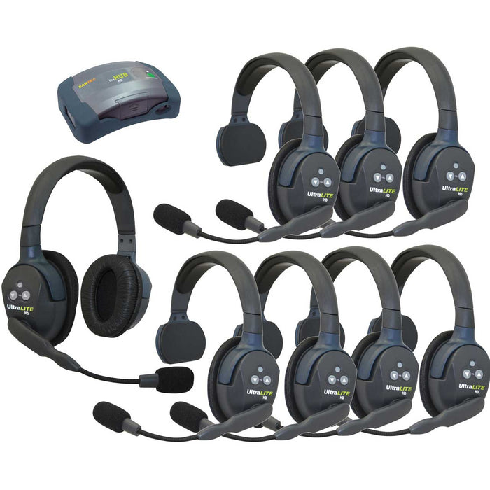 Eartec HUB871 wireless intercom system with 7 single-ear and 1 dual-ear headsets, compact HUB base, charger, and carry case.