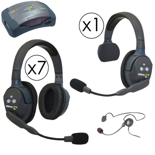 Eartec HUB917CYB wireless intercom system with 1 single-ear and 7 dual-ear headsets, compact HUB base, multi-port charger, and carry case.
